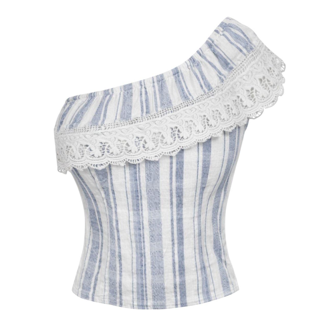 One Shoulder Top Lace Trim Y2K Boho Size Small Blue White Angie