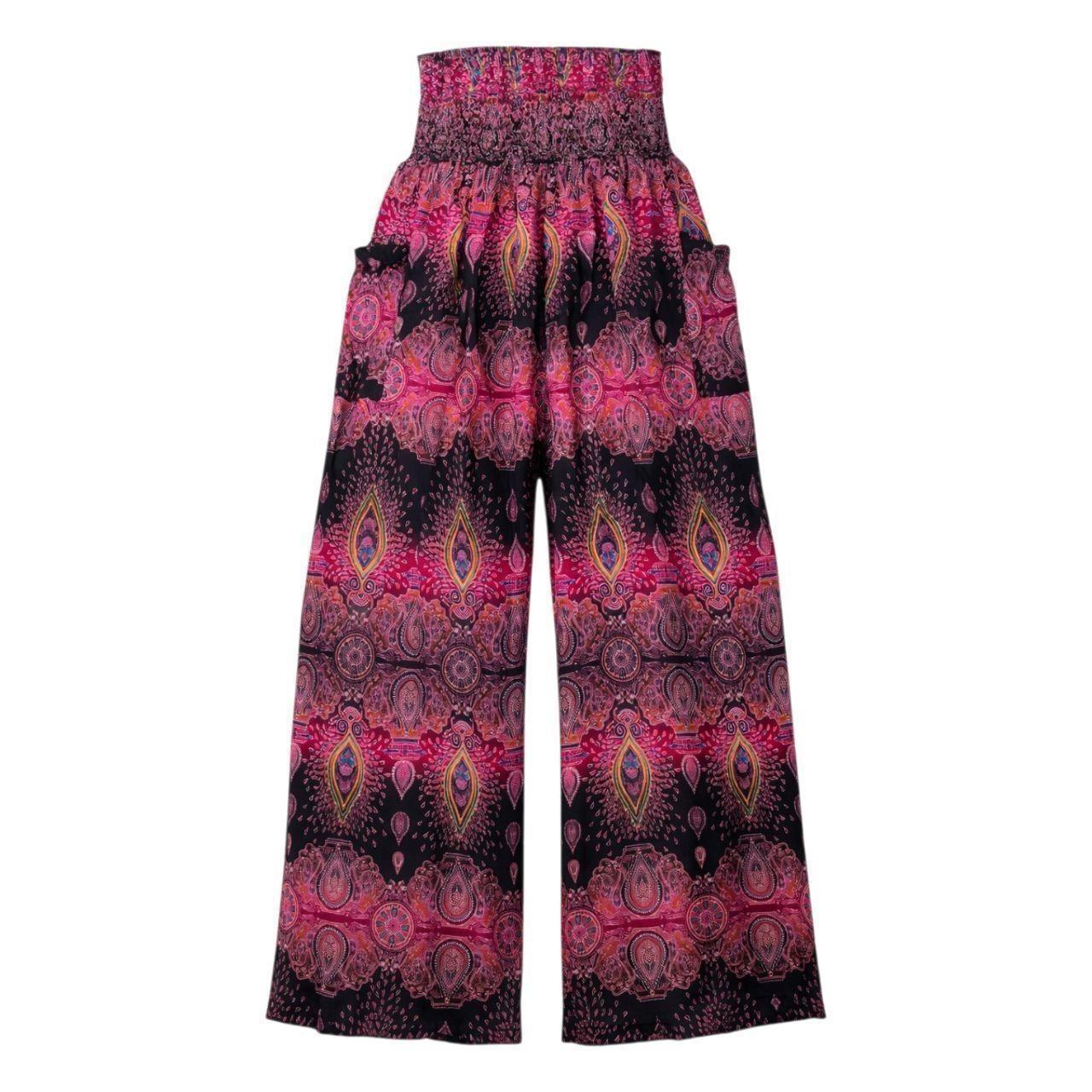 Thai Rayon Pants Wide Leg OSFM Pink Black Boho