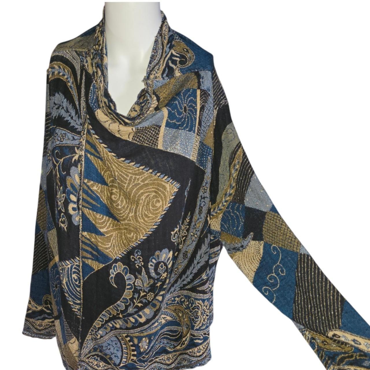 Long Sleeve Top Blue Boho Patchwork Print OSFM
