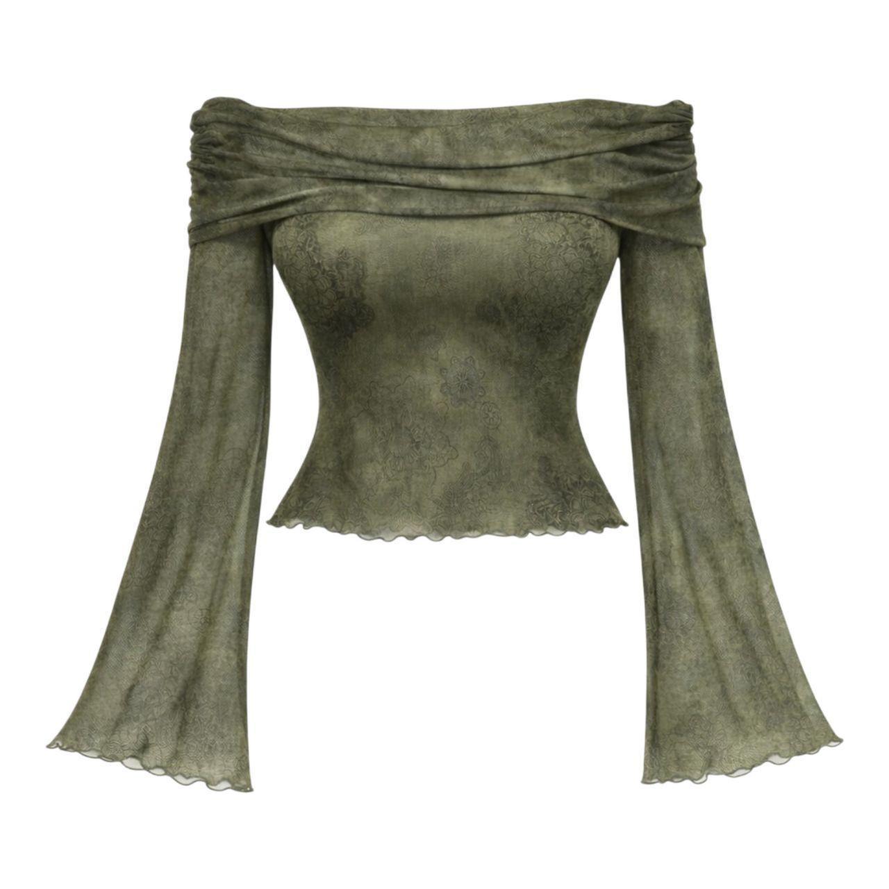 Y2K Top Off Shoulder Bell Sleeve Medium Olive Mesh