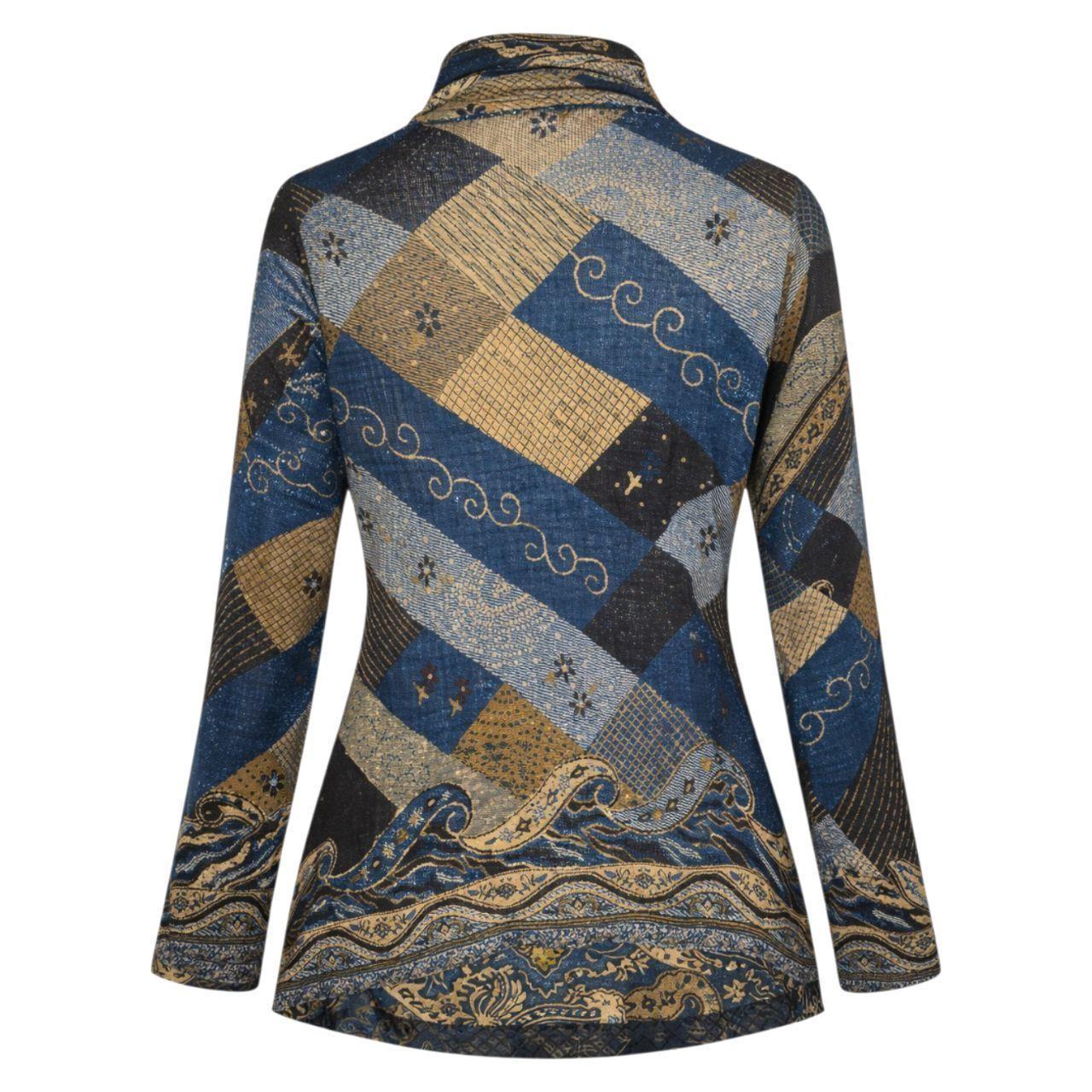 Long Sleeve Top Blue Boho Patchwork Print OSFM