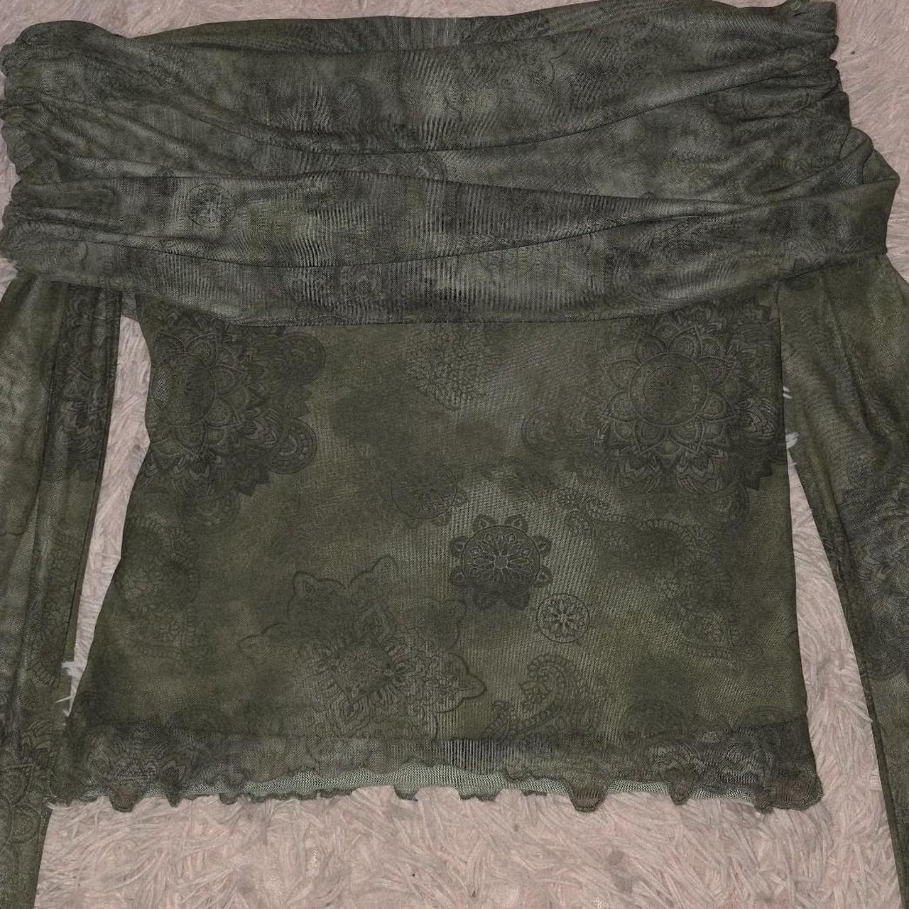 Y2K Top Off Shoulder Bell Sleeve Medium Olive Mesh
