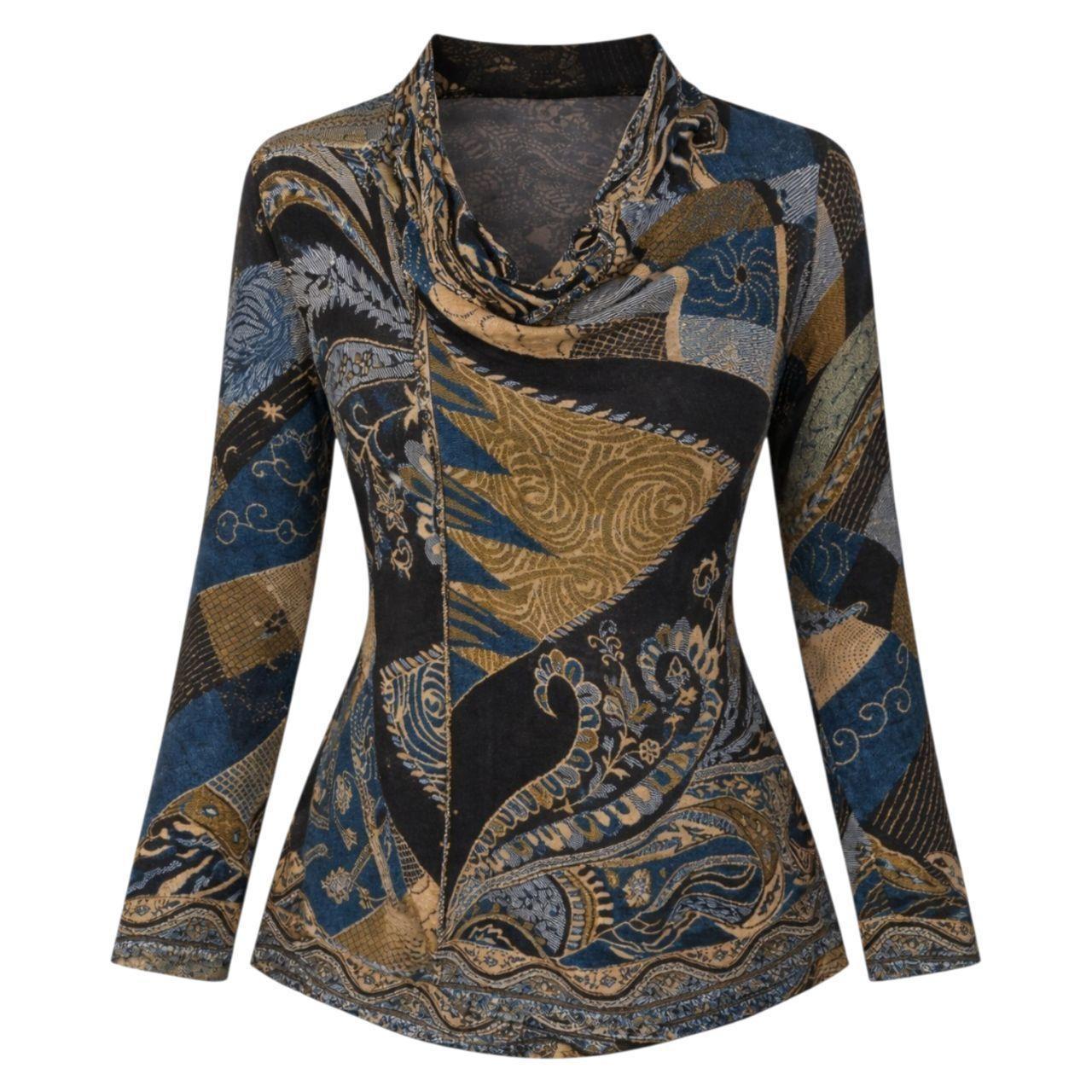Long Sleeve Top Blue Boho Patchwork Print OSFM