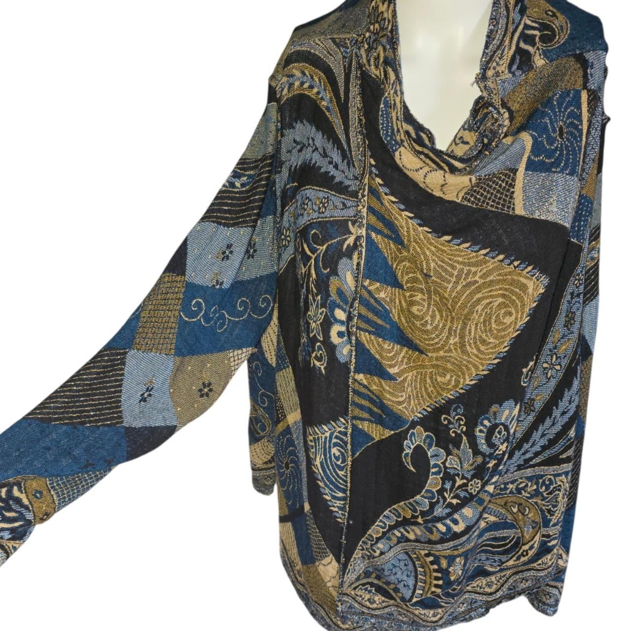 Long Sleeve Top Blue Boho Patchwork Print OSFM