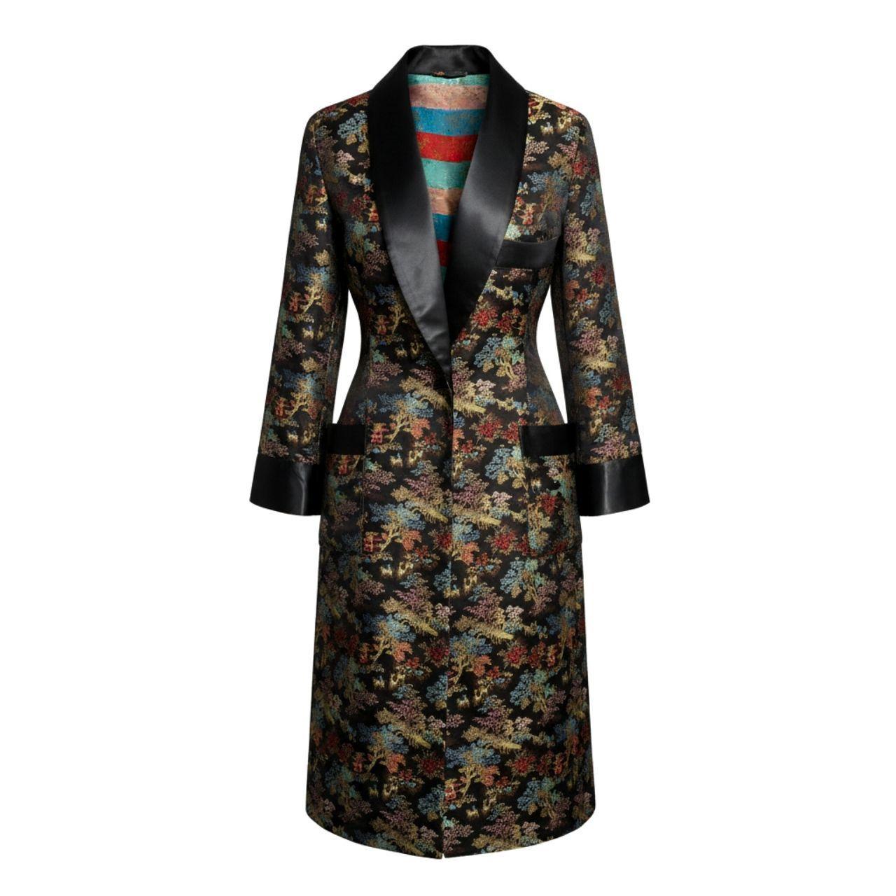 1970s Chinoiserie Scenic Brocade Smoking Jacket – Satin Shawl Collar (tagged L, osfm unisex)