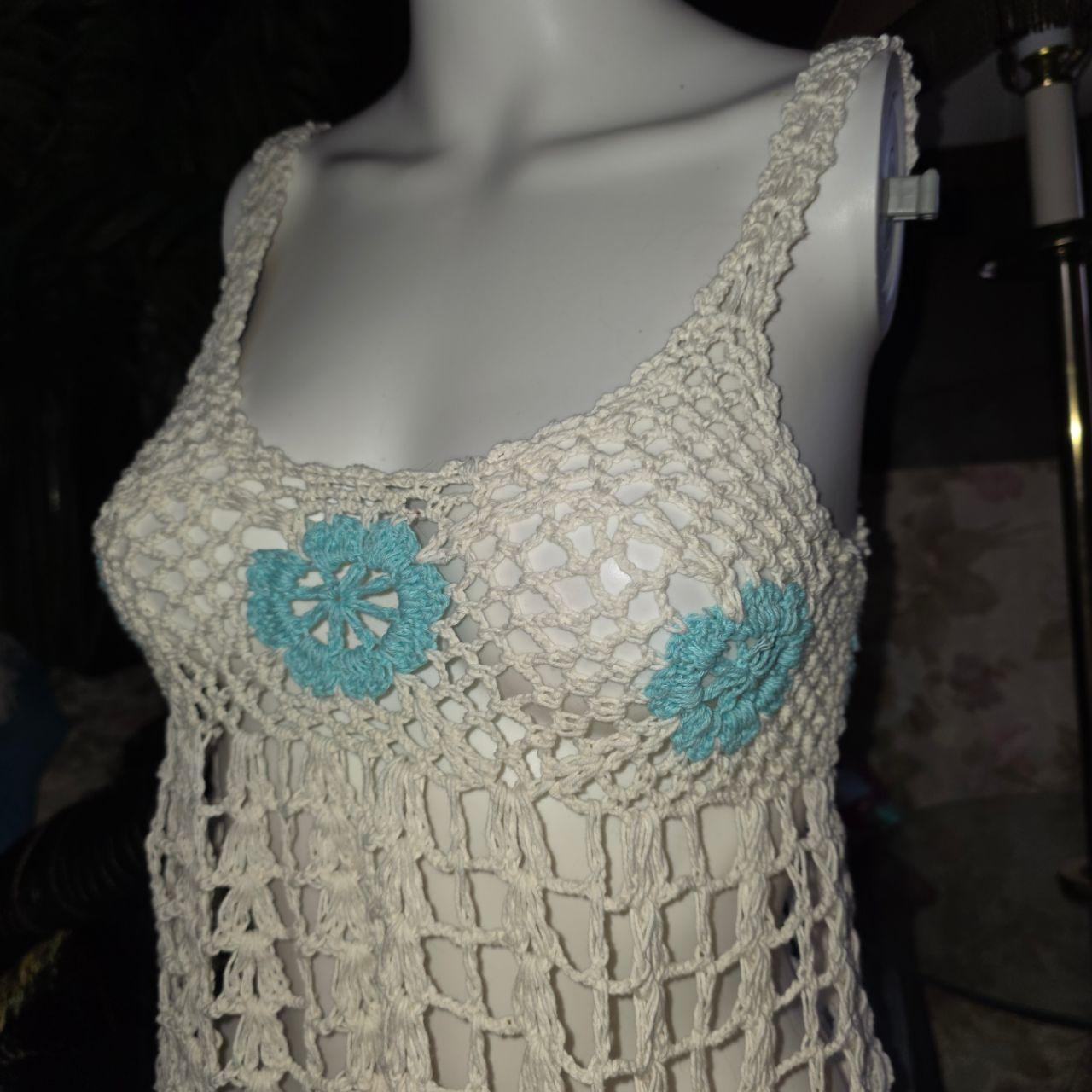 Crochet Tank Top Handmade XS Cream Cotton Boho